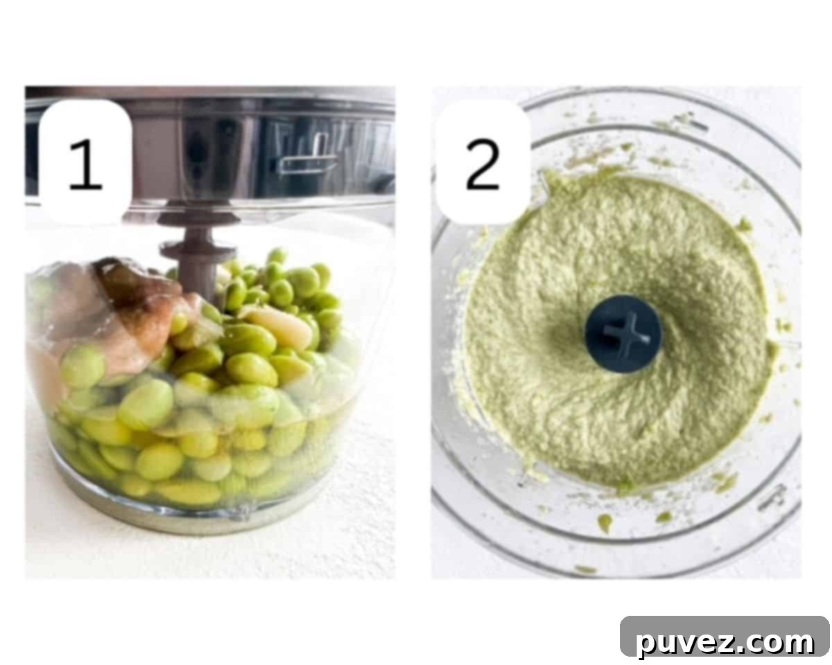 Two process shots: left shows all edamame hummus ingredients in a food chopper, right shows blended smooth edamame hummus in the same chopper.