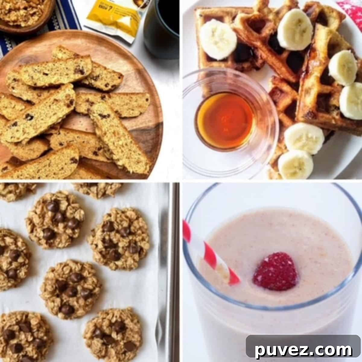 A collage featuring various overripe banana recipes: golden biscotti with walnuts, banana-topped waffles with syrup, chocolate chip banana oat cookies on parchment, and a strawberry banana smoothie.