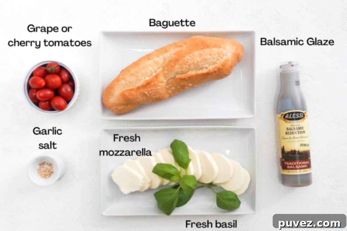 Caprese bruschetta ingredients, labeled.