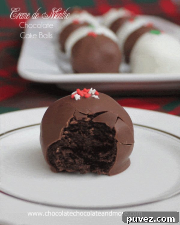Creme de Menthe Chocolate Cake Balls, coated in chocolate and sprinkled with decor.