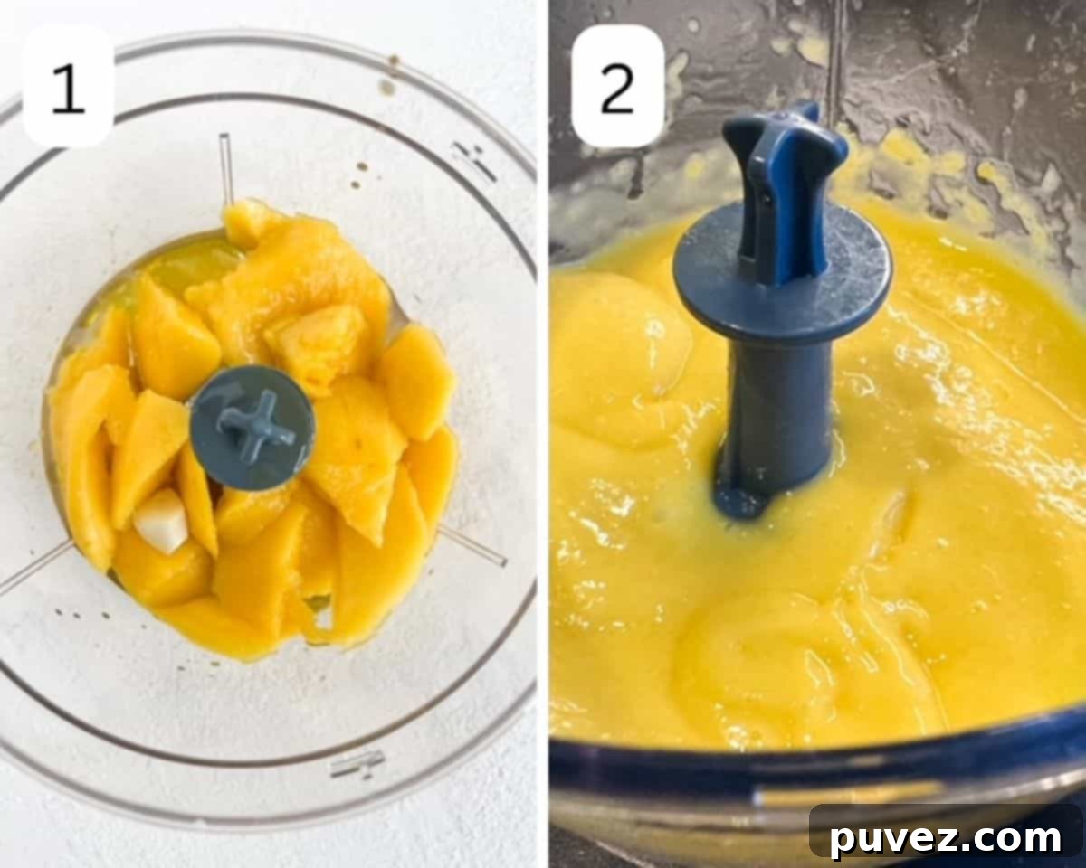 Effortless Mango Salad Dressing 4 A two-panel step-by-step image showing how to make mango salad dressing: first, ingredients are in a blender, then the blended, smooth dressing.