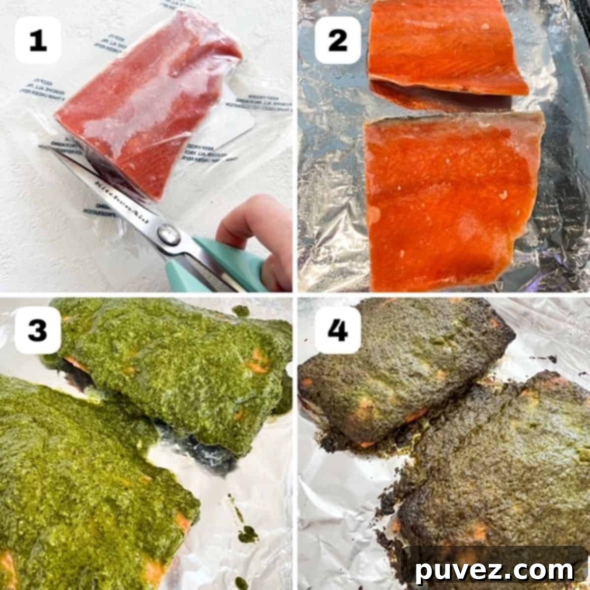 Four process shots showing how to make frozen salmon in an air fryer with pesto.