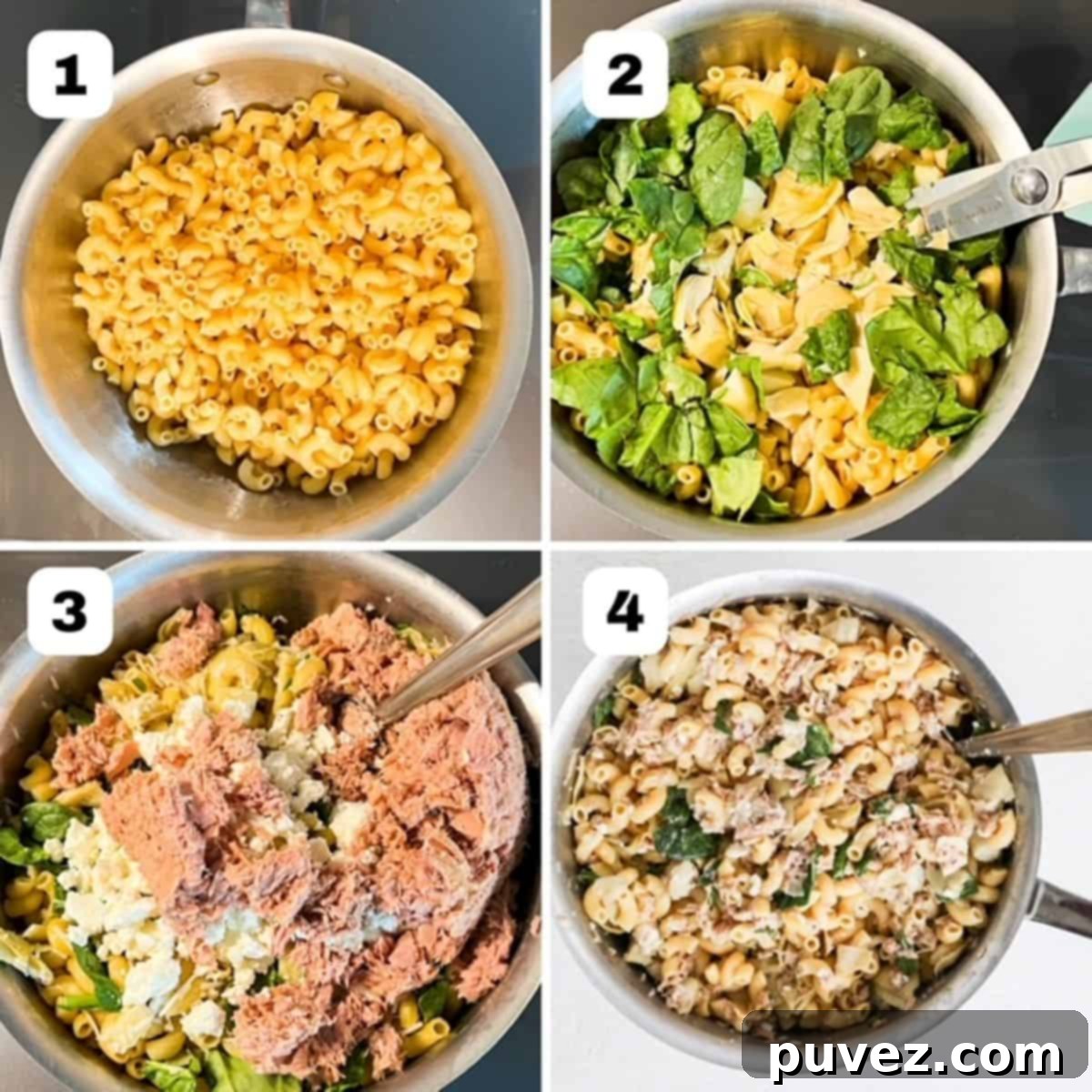 Four pictures showing steps on how to make this easy tuna pasta recipe: boiling pasta, draining tuna, mixing ingredients, and final dish.