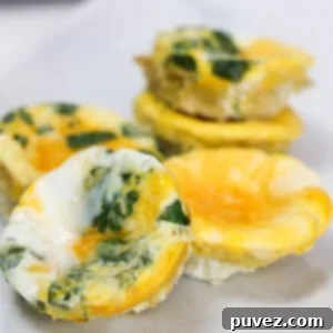 Baked eggs in a muffin tin, some are plain egg, and some have spinach and cheese.