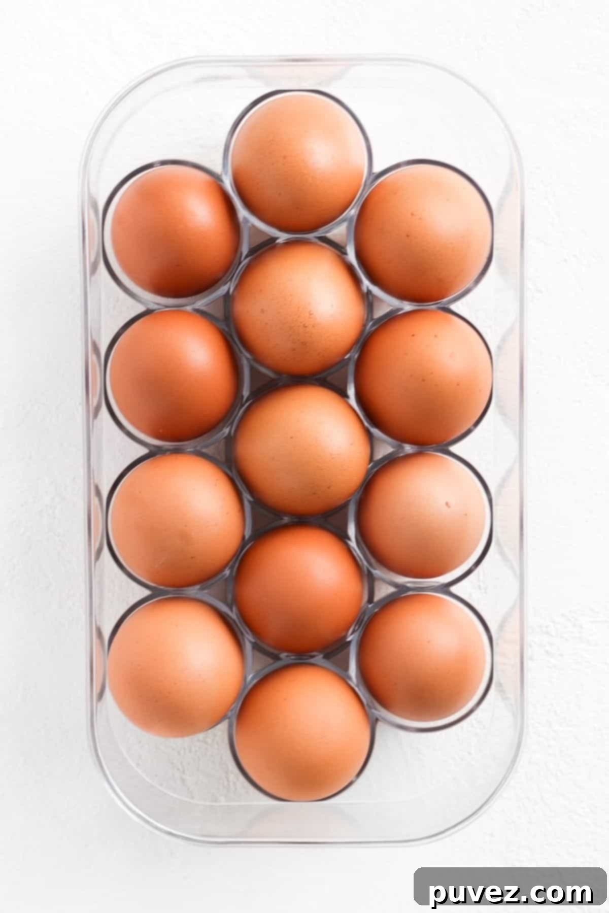Fourteen brown eggs in a plastic egg holder.