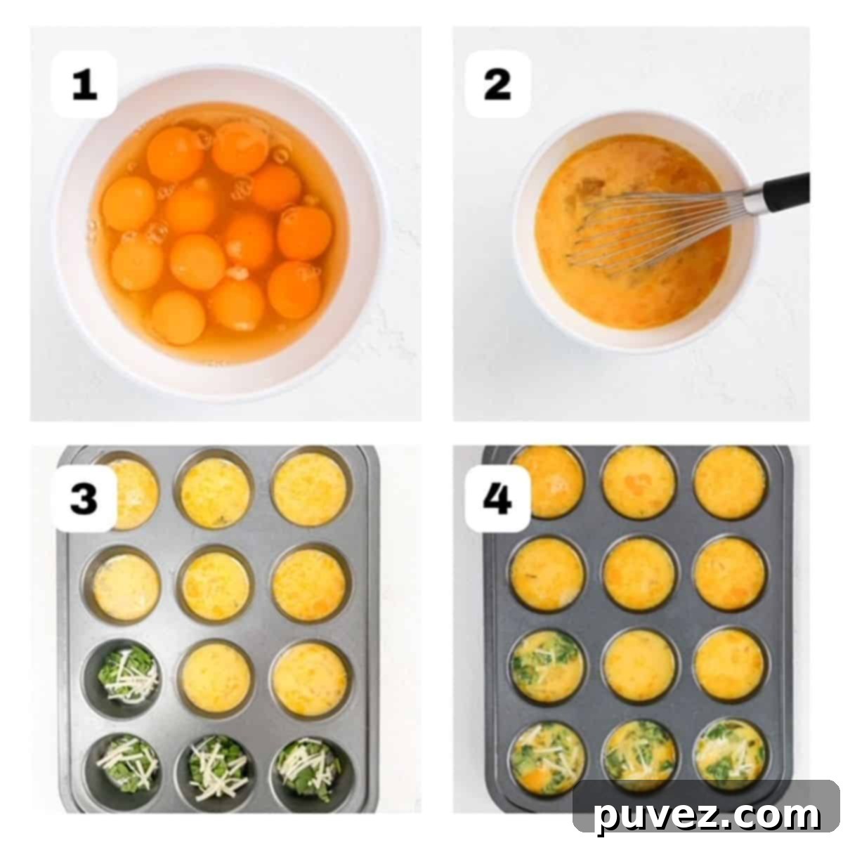 Four pictures showing steps on how to make baked eggs in a muffin tin.
