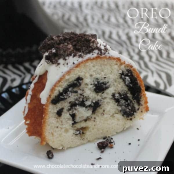 Finished Oreo Cookies and Cream Bundt Cake ready to serve, showcasing its delicious appeal.