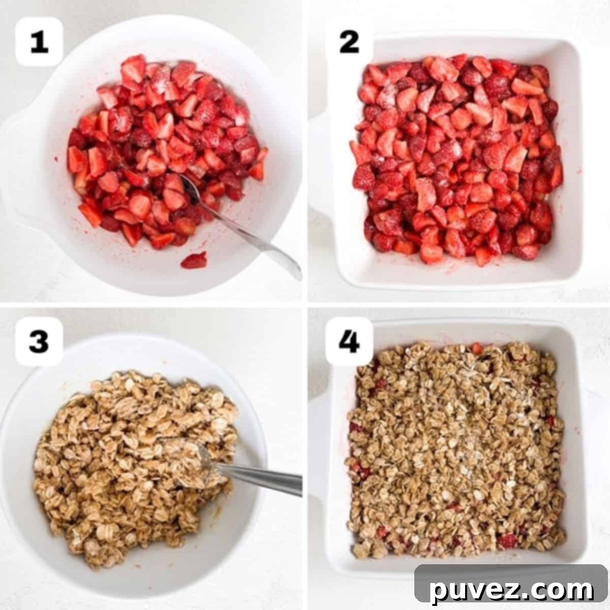 Effortless Strawberry Crumble 4 Four process shots showing how to make strawberry crumble.