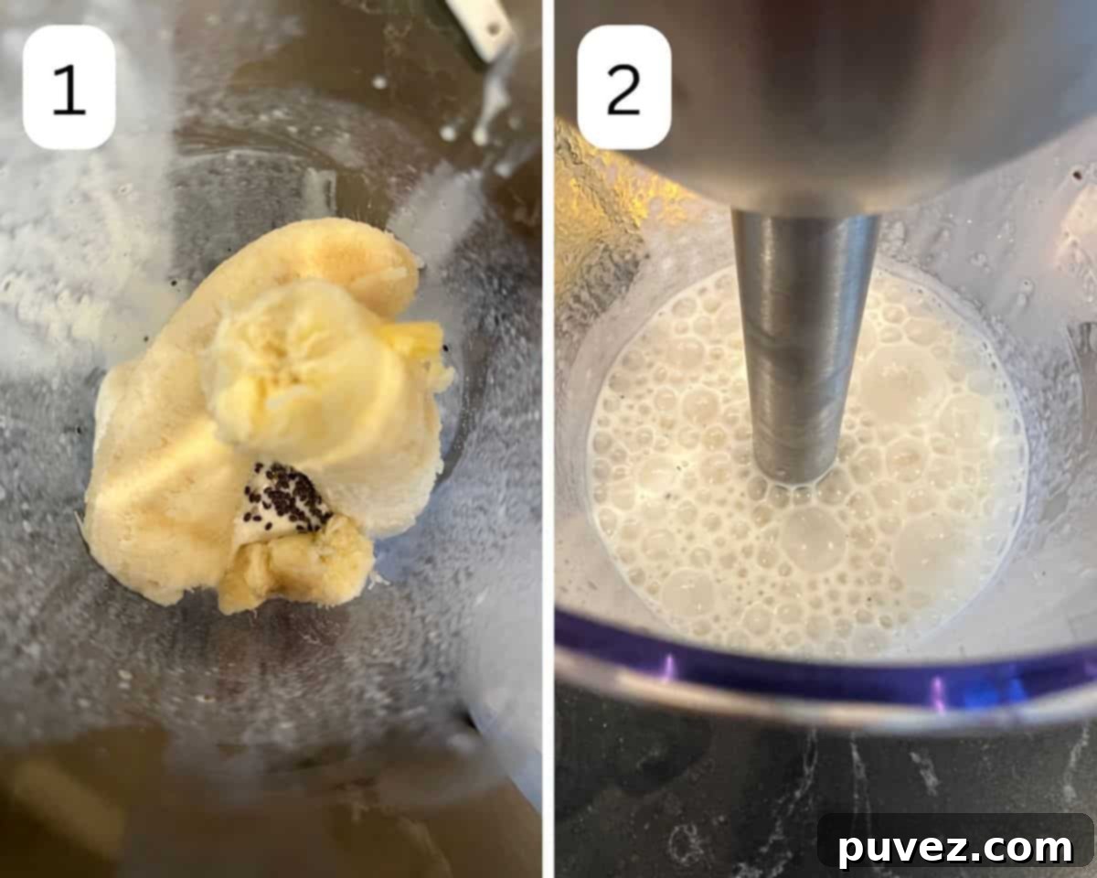 Two side-by-side images demonstrating how to blend a banana milkshake using an immersion blender in a tall beaker, showing the before and after blending consistency.
