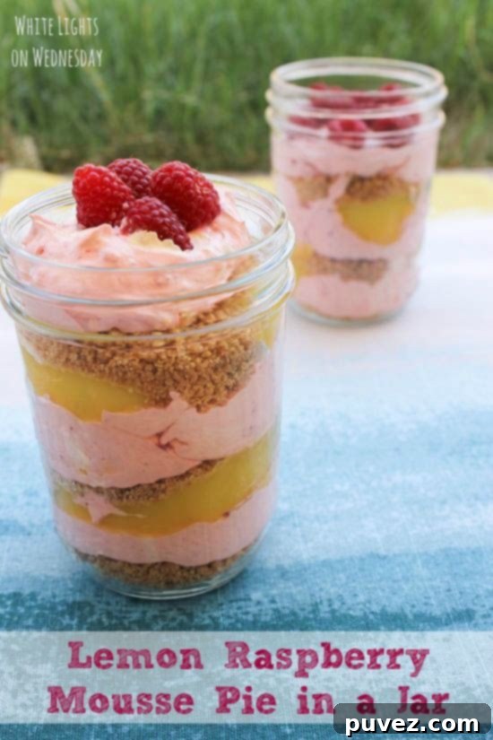 No Bake Lemon Raspberry Mousse Pie in a Jar, creamy, tart lemon and sweet raspberry mousse.