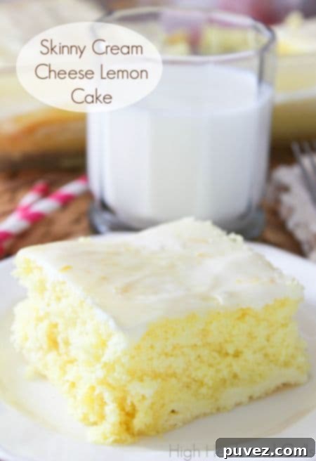 Skinny Cream Cheese Lemon Cake, a lighter treat with moist, tangy lemon and creamy cheese swirl.