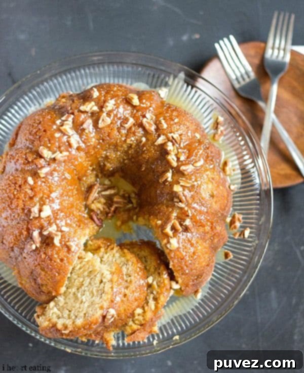 Caramel Banana Bundt Cake - A moist banana cake with a delicious caramel topping, baked in a Bundt pan.