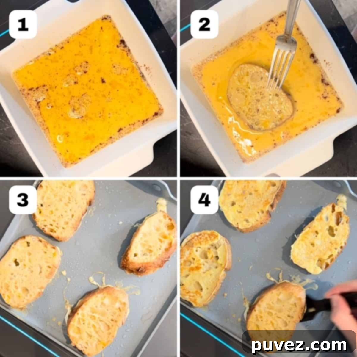 A collage of four sequential images demonstrating the process of making sourdough French toast, from whisking the egg mixture to dipping the bread and cooking it to golden perfection.