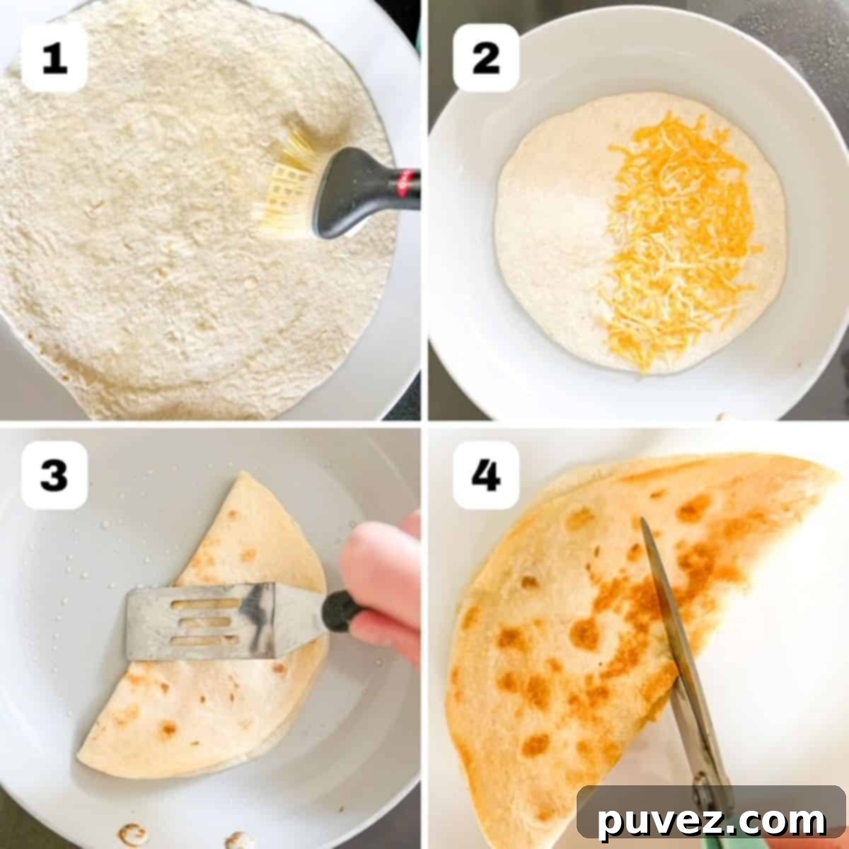 Four images showing steps to make a cheese quesadilla.