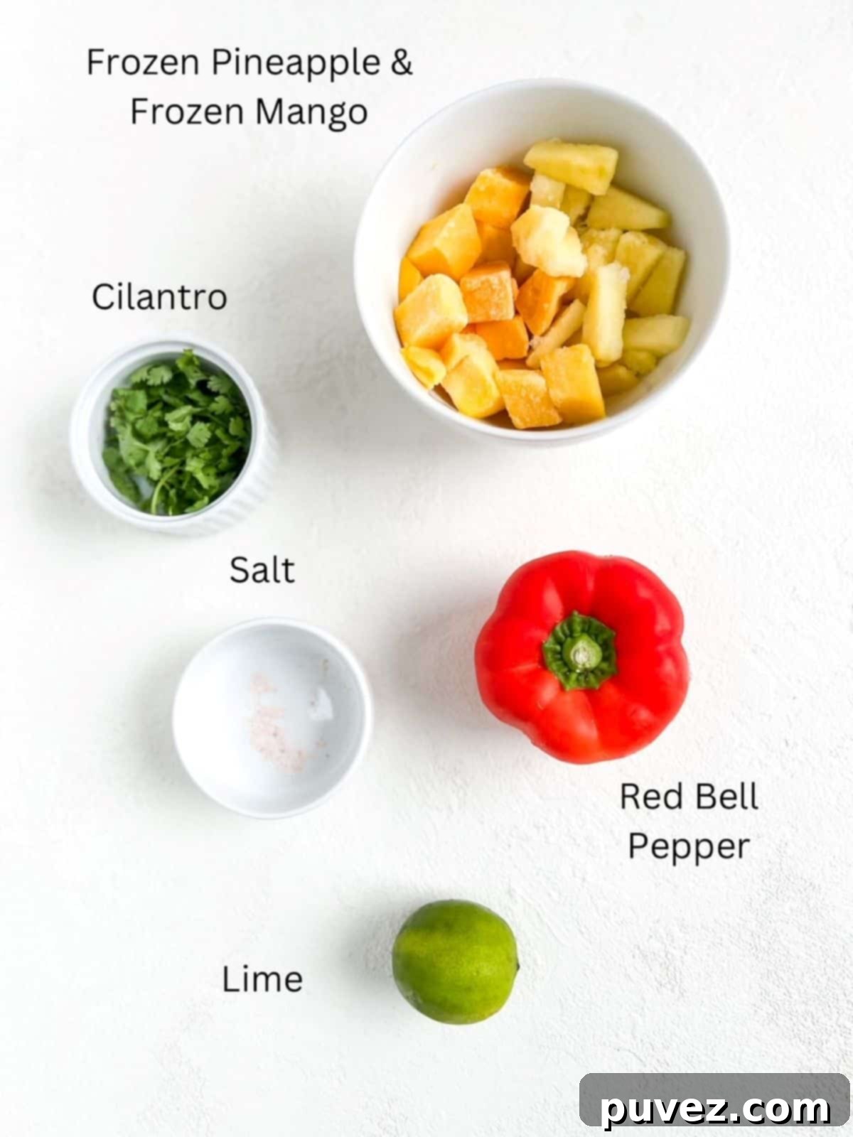 Pineapple Mango Salsa ingredients, labeled.