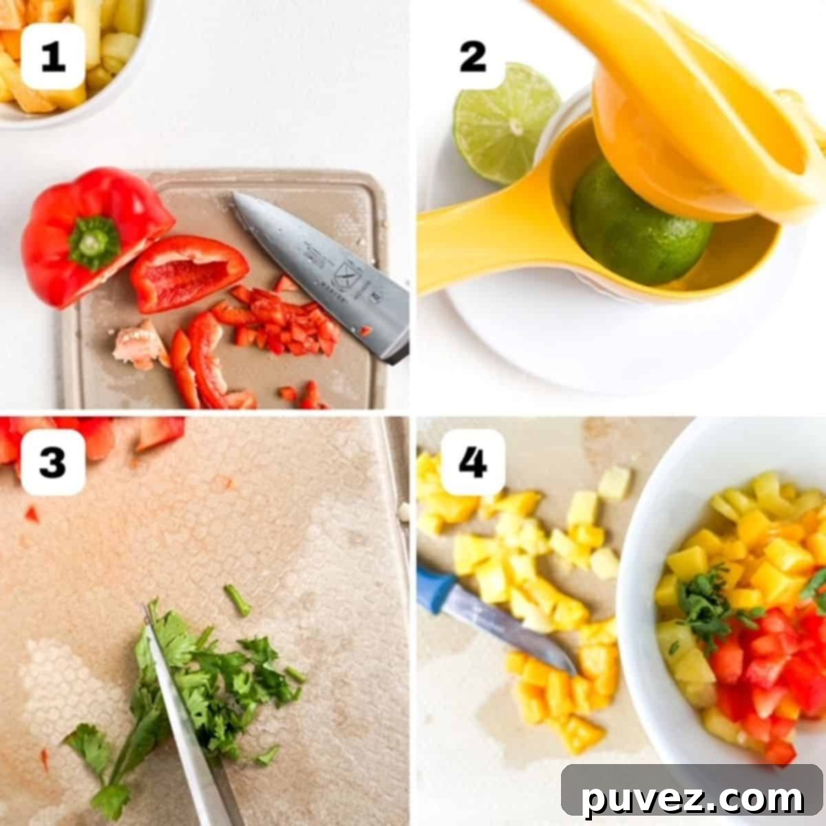 Four step-by-step photos showing how to make pineapple mango salsa.