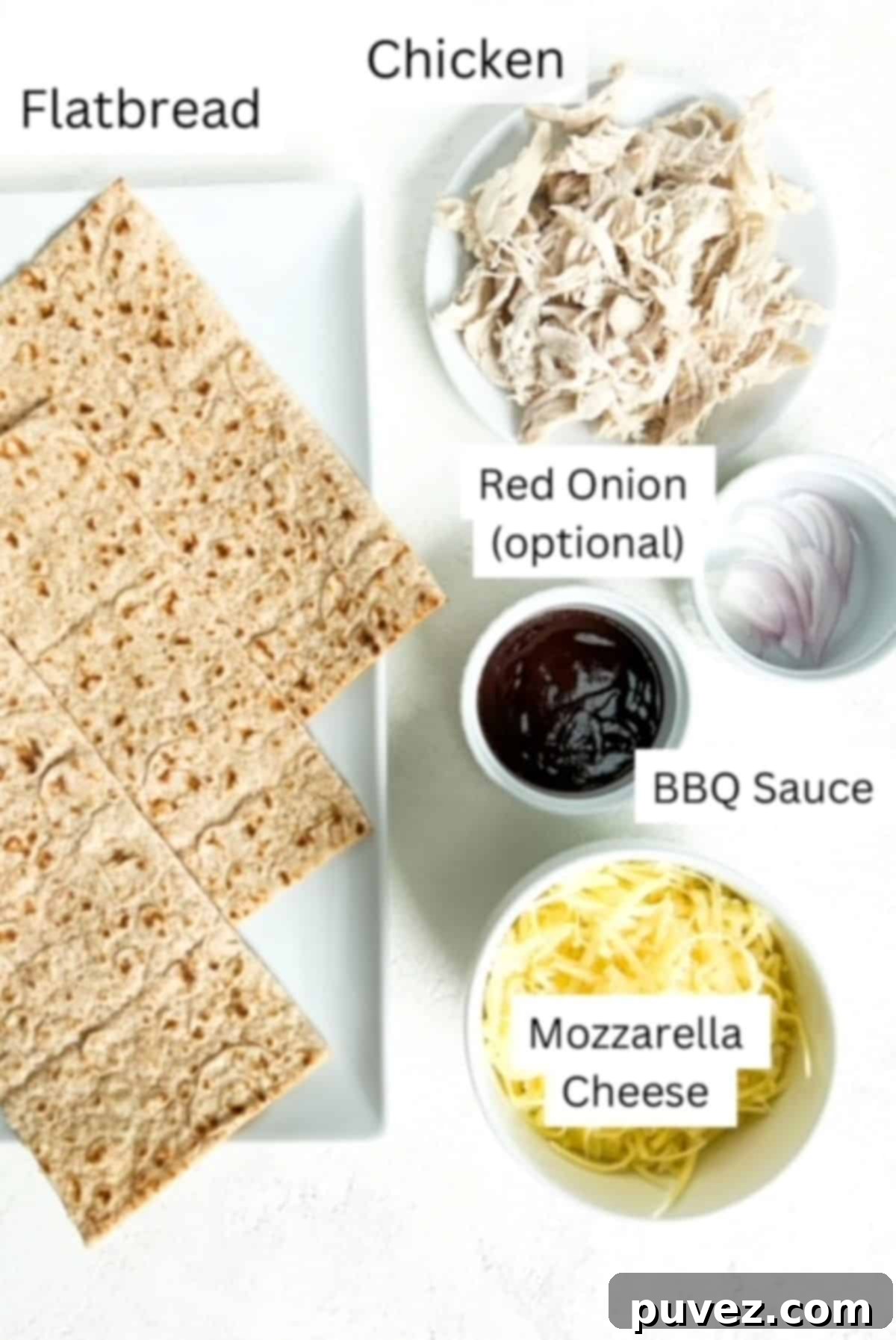 Blazing BBQ Chicken Flatbread in Minutes 3 Three pieces of lavash flatbread, shredded chicken, bbq sauce, sliced red onion, and shredded mozzarella cheese in individual serving ware.