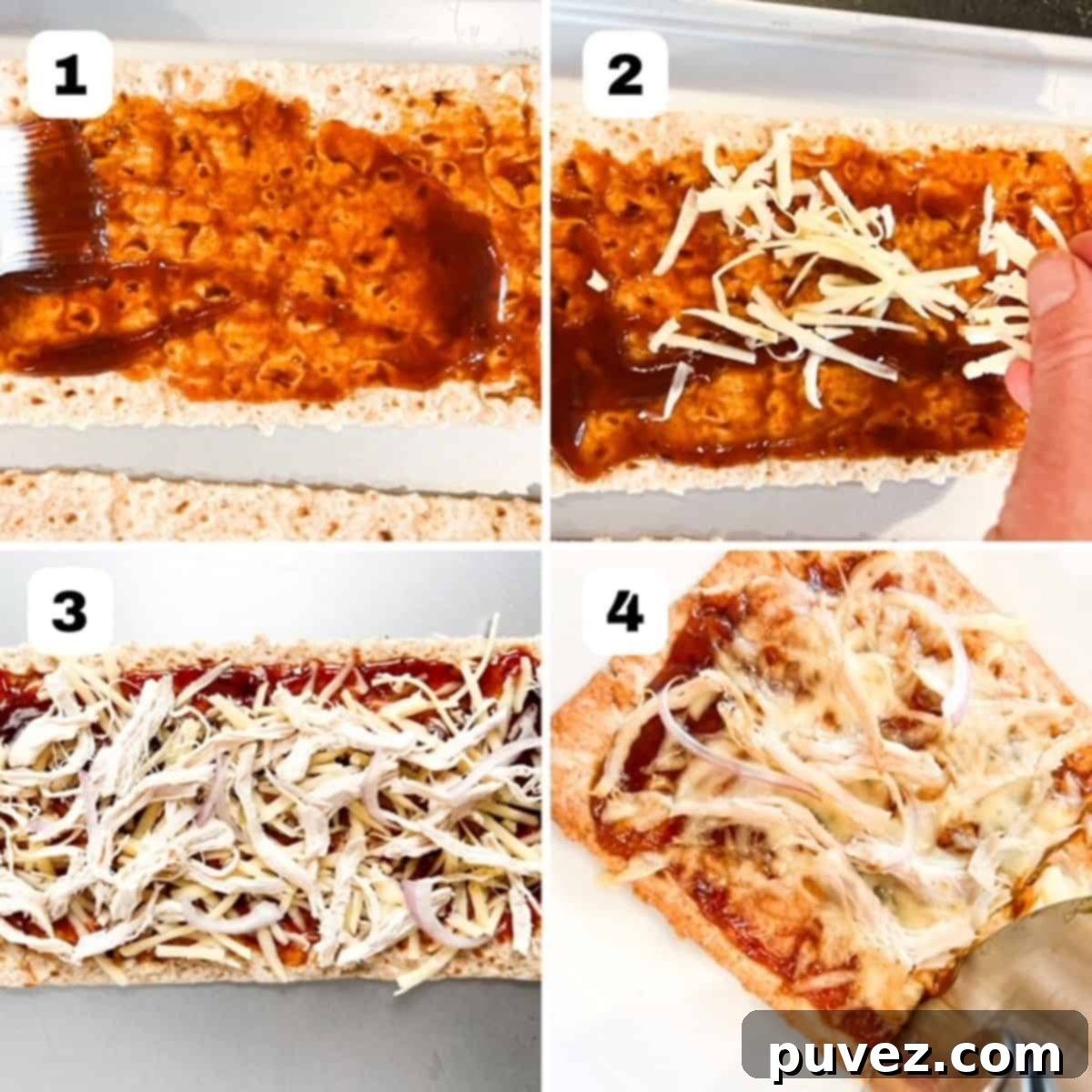 Blazing BBQ Chicken Flatbread in Minutes 4 Four images showing steps on how to make barbecue chicken flatbread pizza.