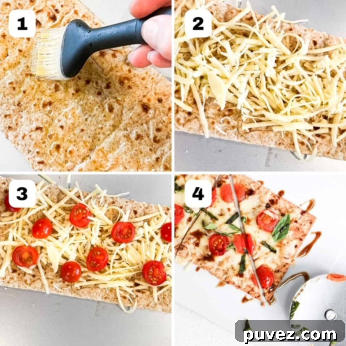 Four images showing steps on how to make a margherita flatbread pizza.