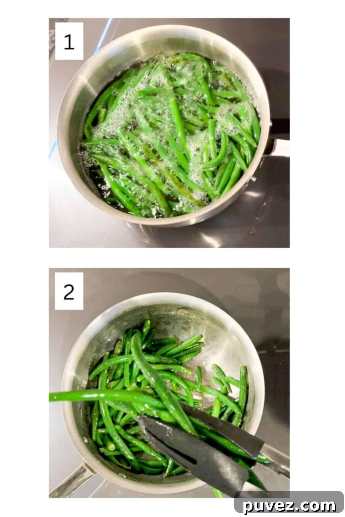 Two process images showing how to make sauteed green beans by blanching them first.