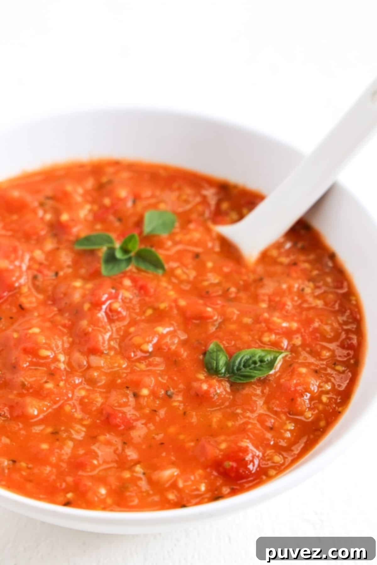 Cherry tomato sauce topped with a sprig of oregano and two small basil leaves in a white bowl with white spoon.