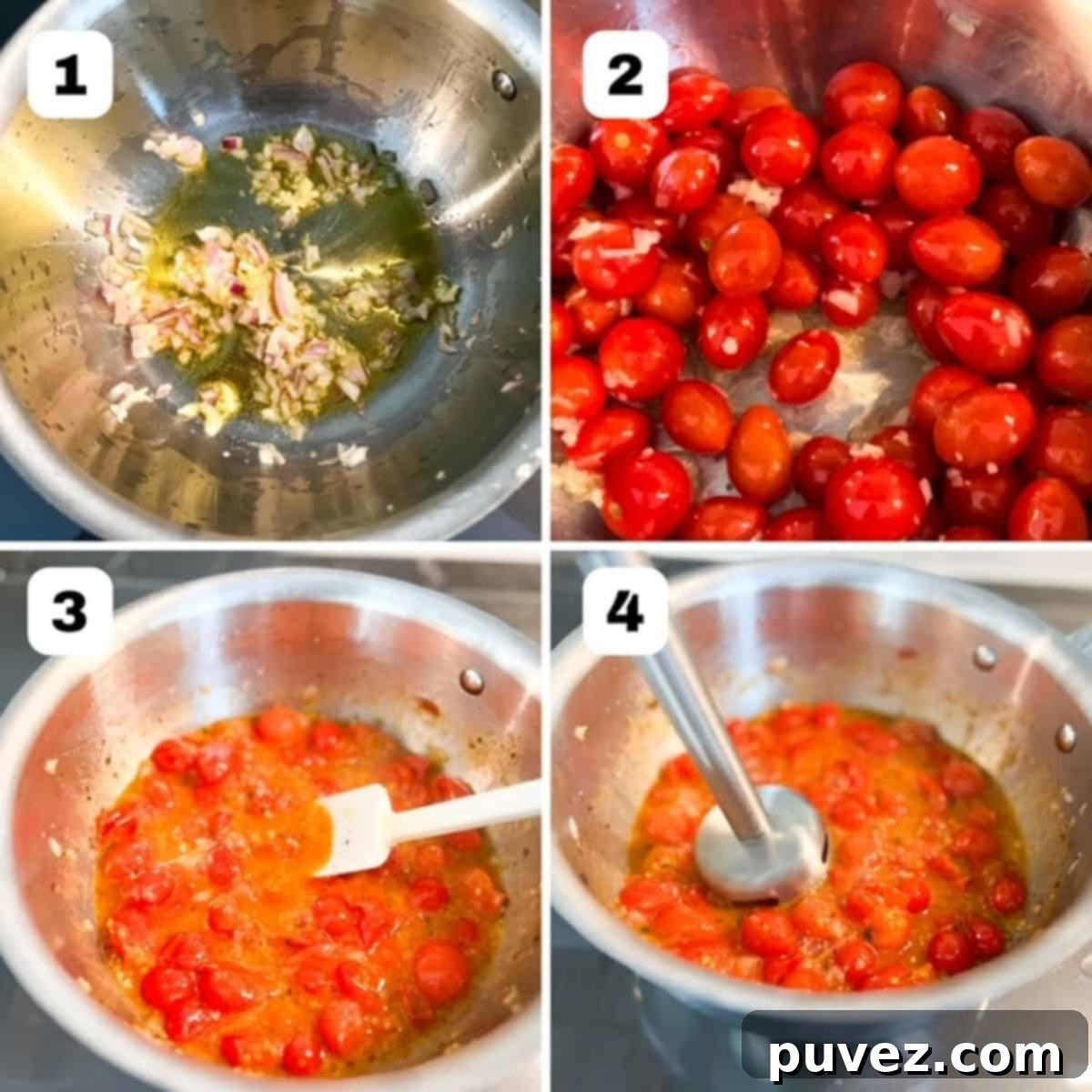 Four images showing how to make homemade cherry tomato sauce.
