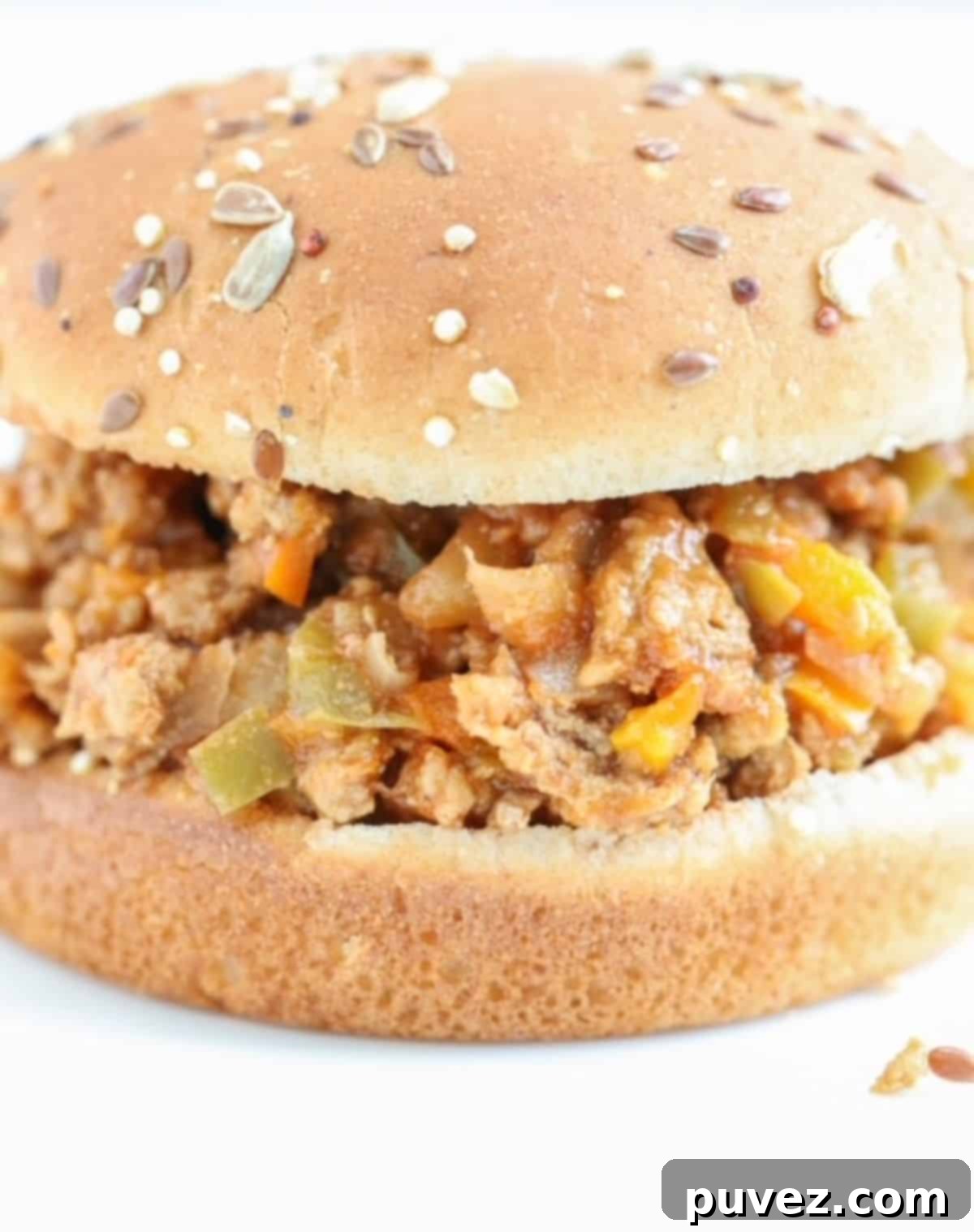 One sloppy joe sandwich on a whole grain seeded bun, overflowing with a rich, savory turkey and vegetable filling.