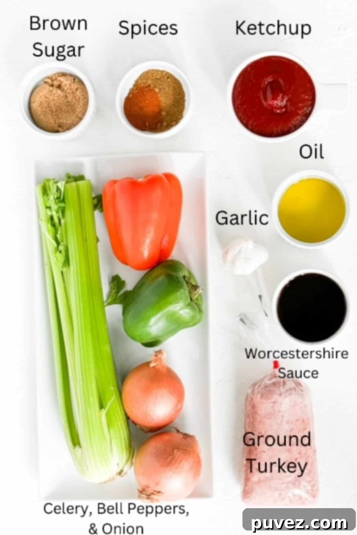 Ingredients for making ground turkey sloppy joes laid out and clearly labeled on a kitchen counter.