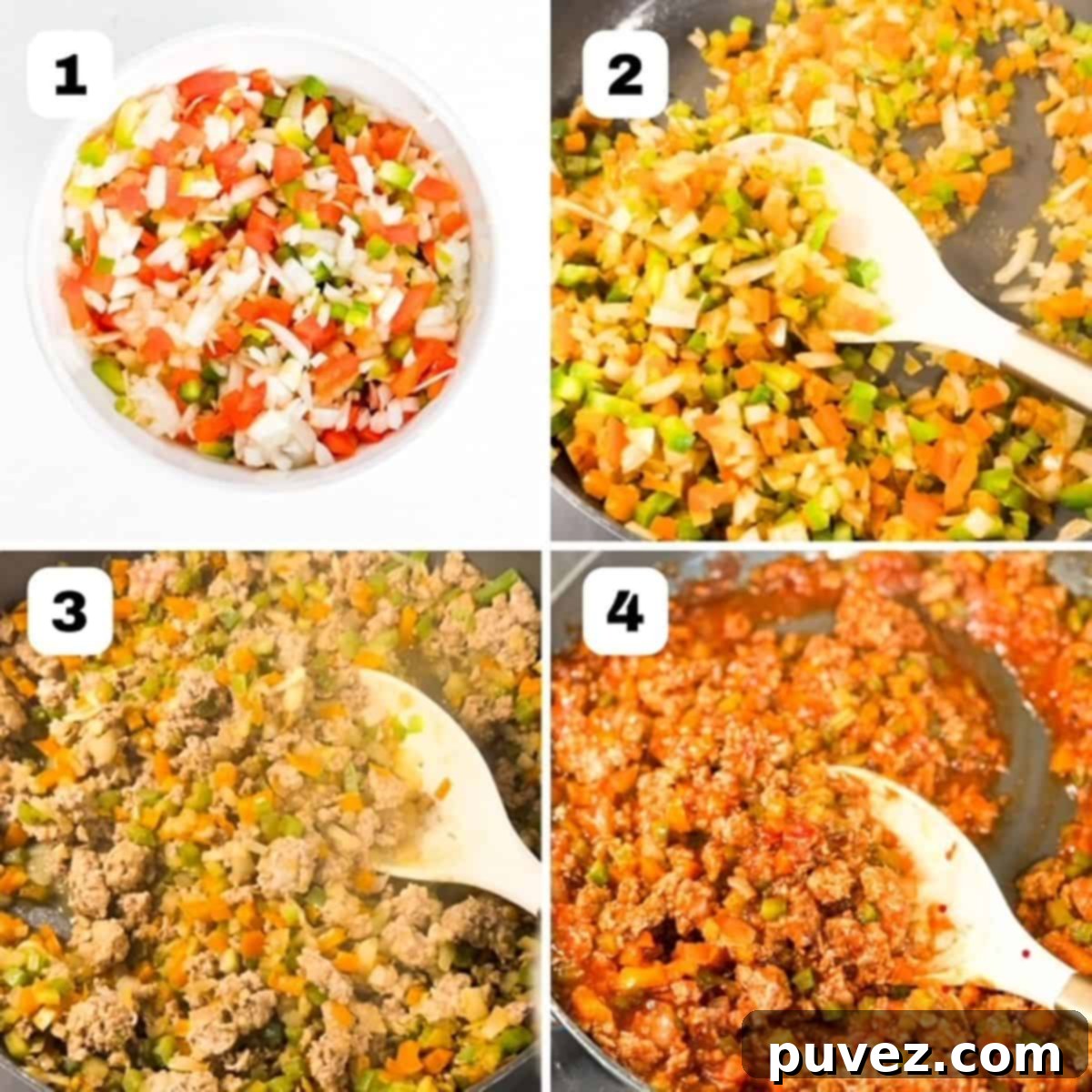 Four numbered images showing the process of making homemade sloppy joes from scratch.