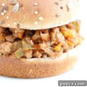 One turkey sloppy joe sandwich on a seeded whole grain bun, ready to eat.