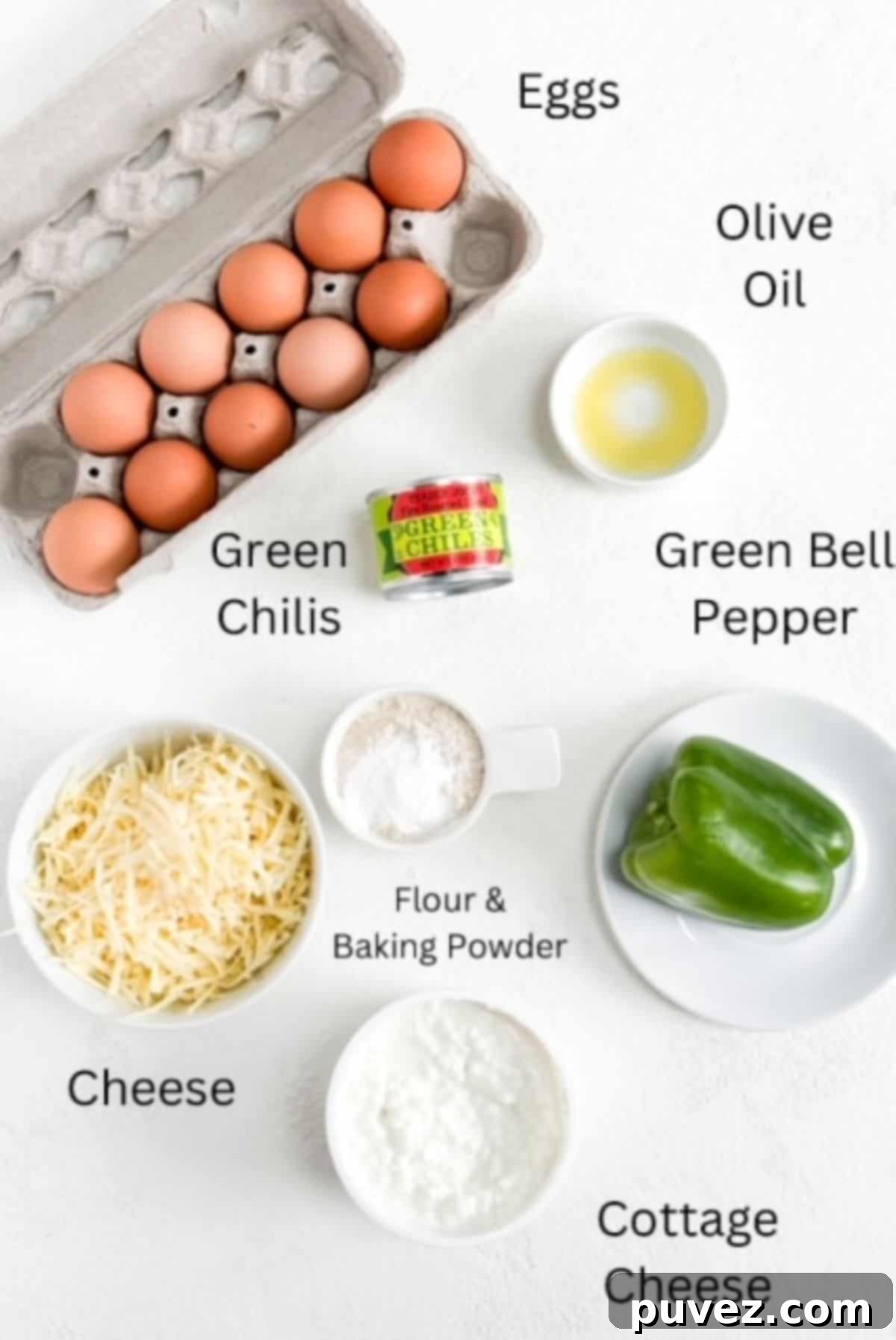 Ingredients to make an egg casserole with green chiles, labeled.