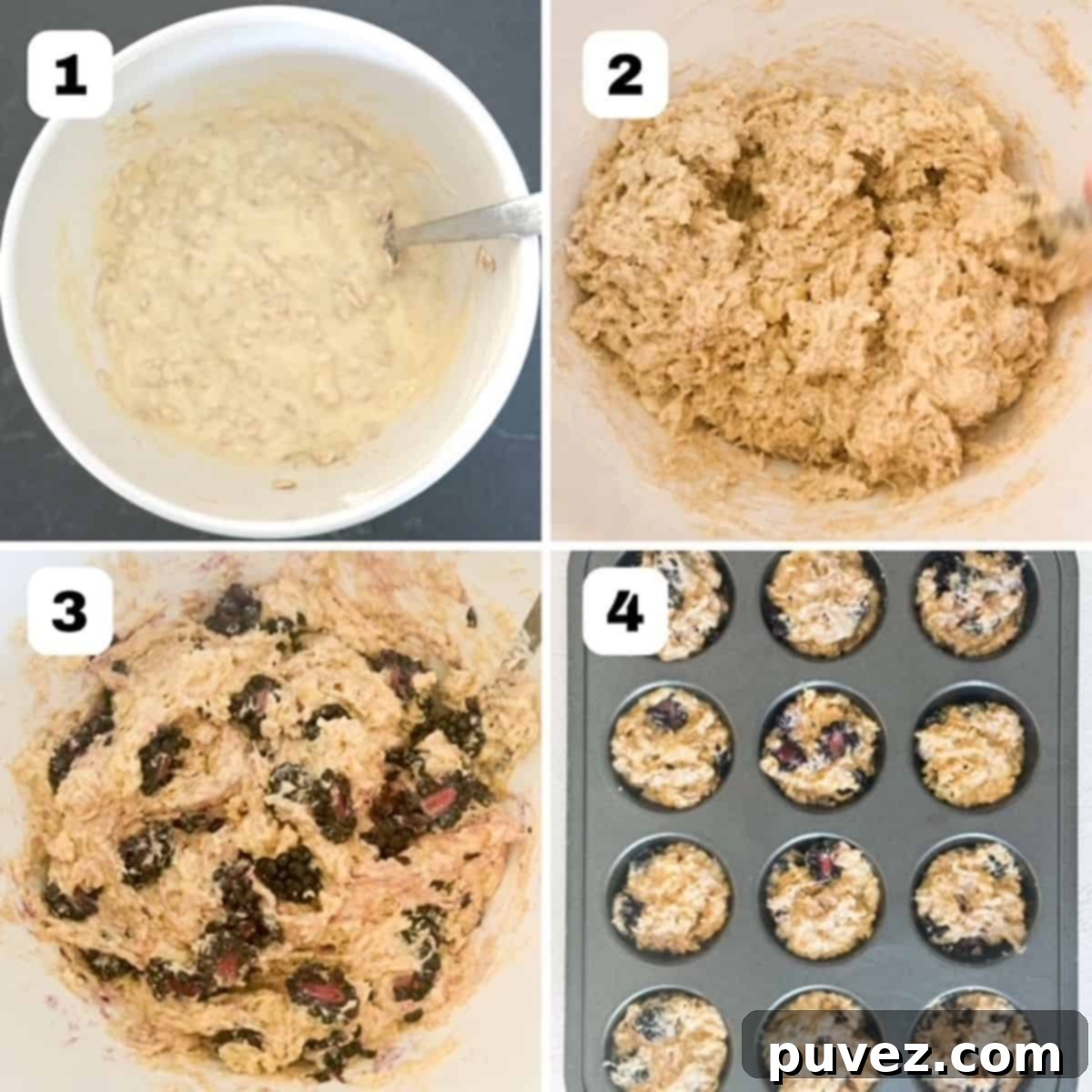 A step-by-step visual guide showing four numbered images on how to prepare Banana Blackberry Oatmeal Muffins, from mixing ingredients to placing them in the muffin tin.