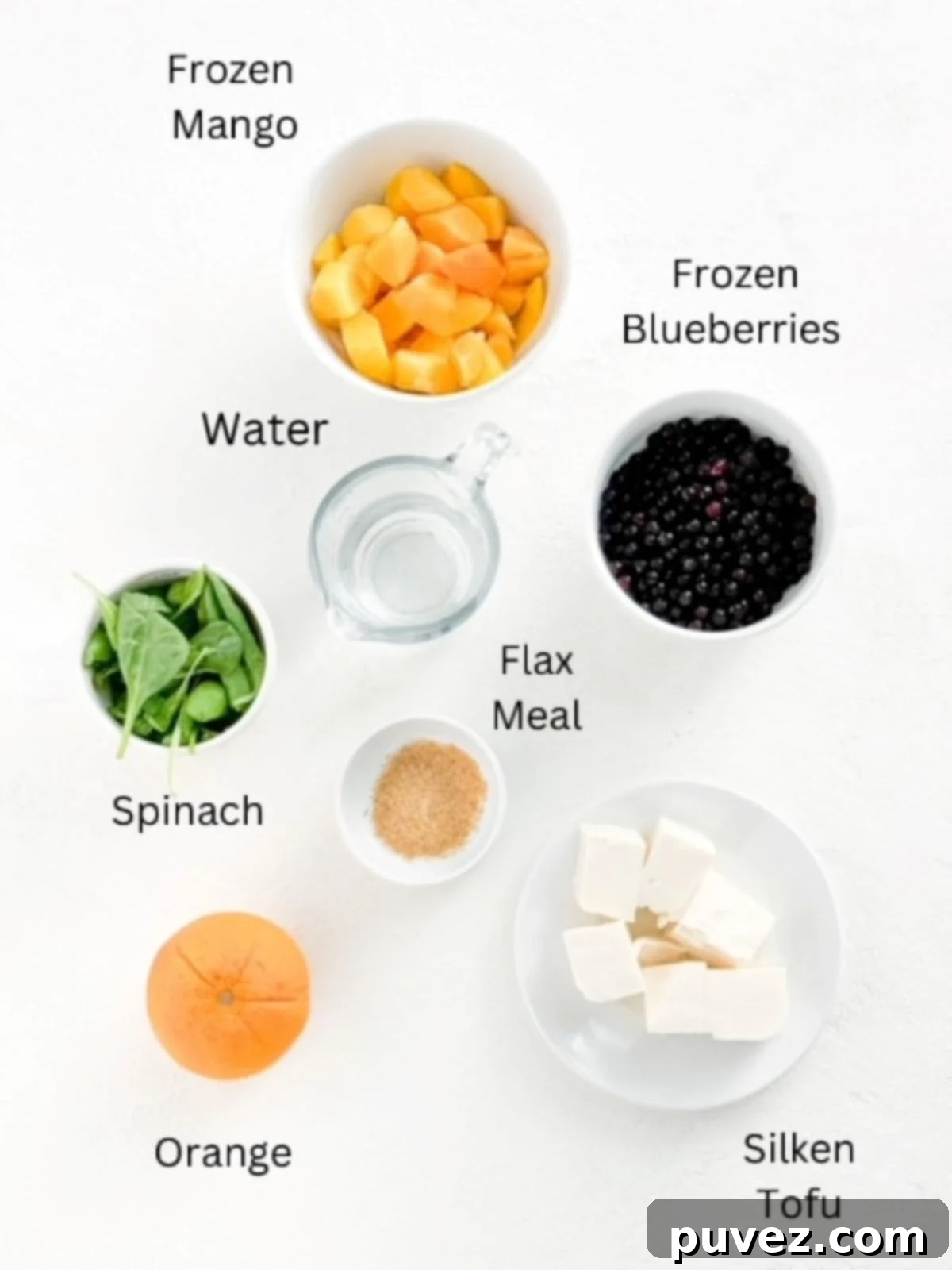 Blueberry Mango Tofu Smoothie ingredients labeled.