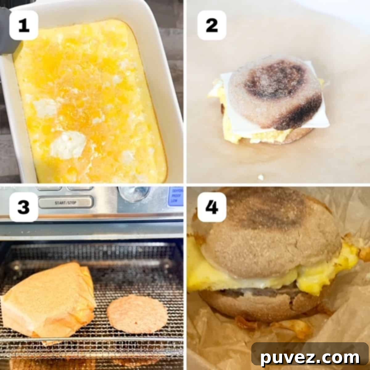 Four numbered images showing steps on how to make breakfast sandwiches in an air fryer.