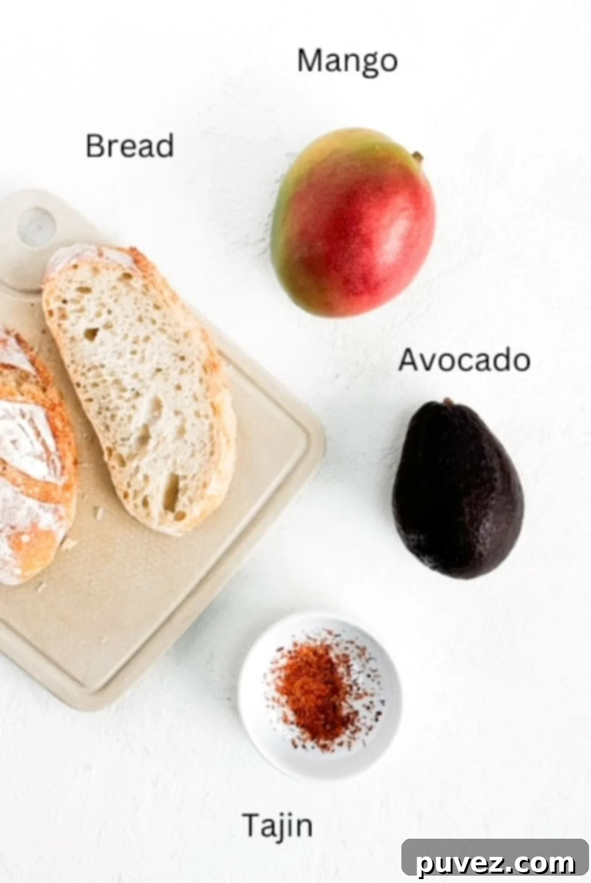 Mango Avocado Toast ingredients, labeled.