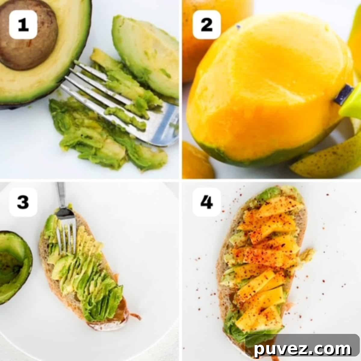 Four numbered images showing how to make Mango Avocado Toast.