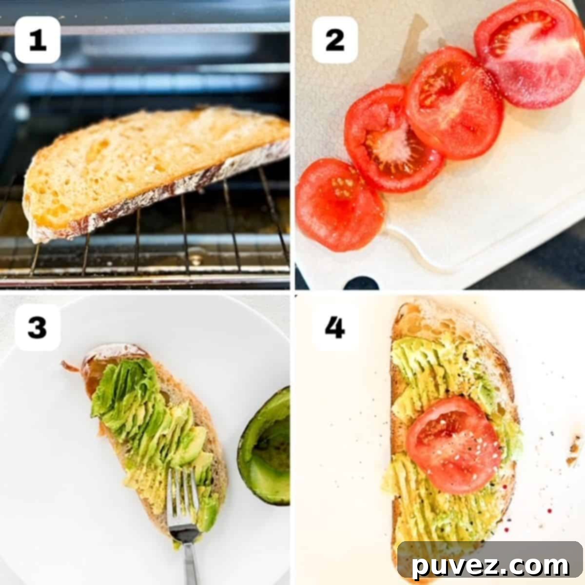 Four numbered images showing steps to make avocado toast with tomato, from toasting bread to layering ingredients.