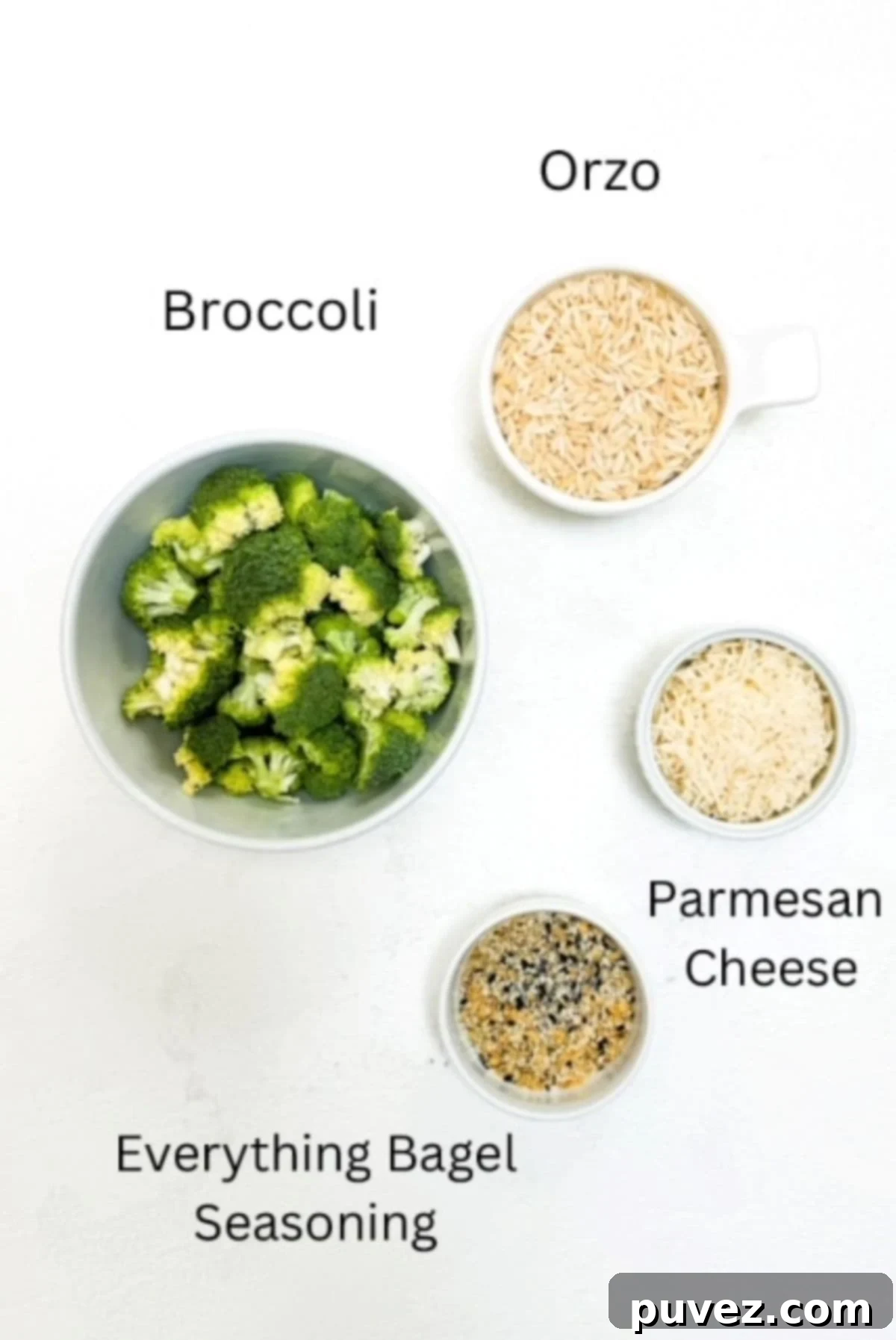 Quick and Creamy Broccoli Orzo 3 Orzo with broccoli ingredients, labeled.