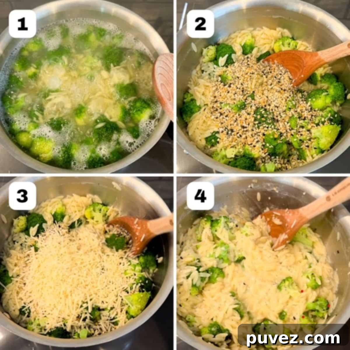 Quick and Creamy Broccoli Orzo 4 Four numbered images showing how to make orzo with broccoli.