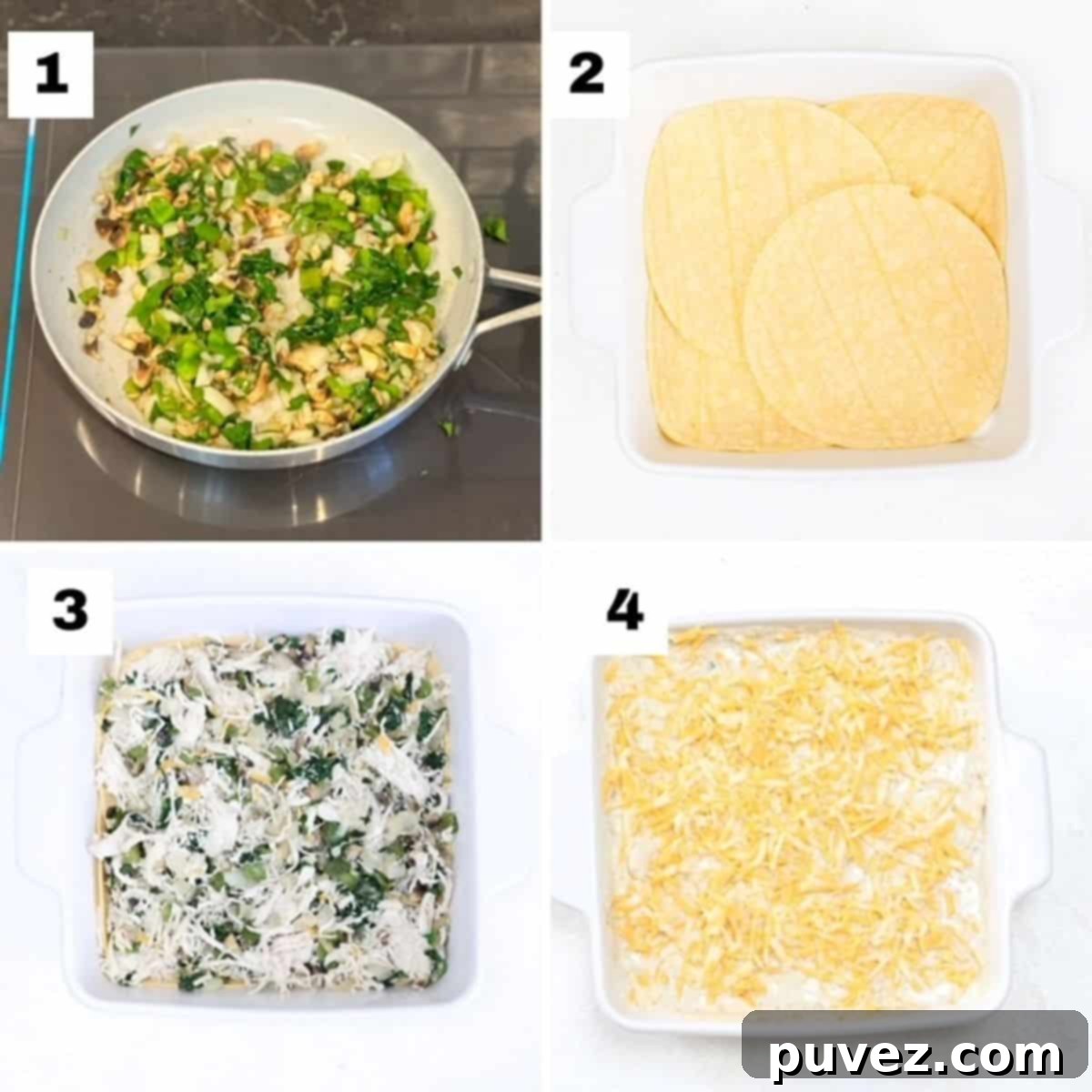 Four numbered images showing how to make a layered enchilada bake, including sautéing vegetables, layering tortillas, spreading filling, and adding sauce and cheese.