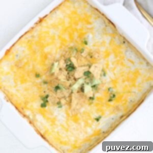 A layered enchilada bake topped with melted cheese, served in a square white baking dish.