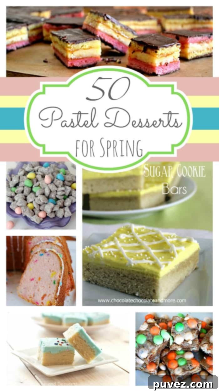 A vibrant collection of delicious pastel spring desserts, showcasing various treats like cupcakes, tarts, and cookies in soft pink, yellow, green, and blue hues.
