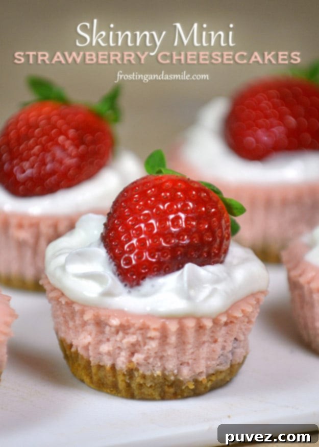 Skinny Mini Strawberry Cheesecakes, small and delightful with a pastel pink color.
