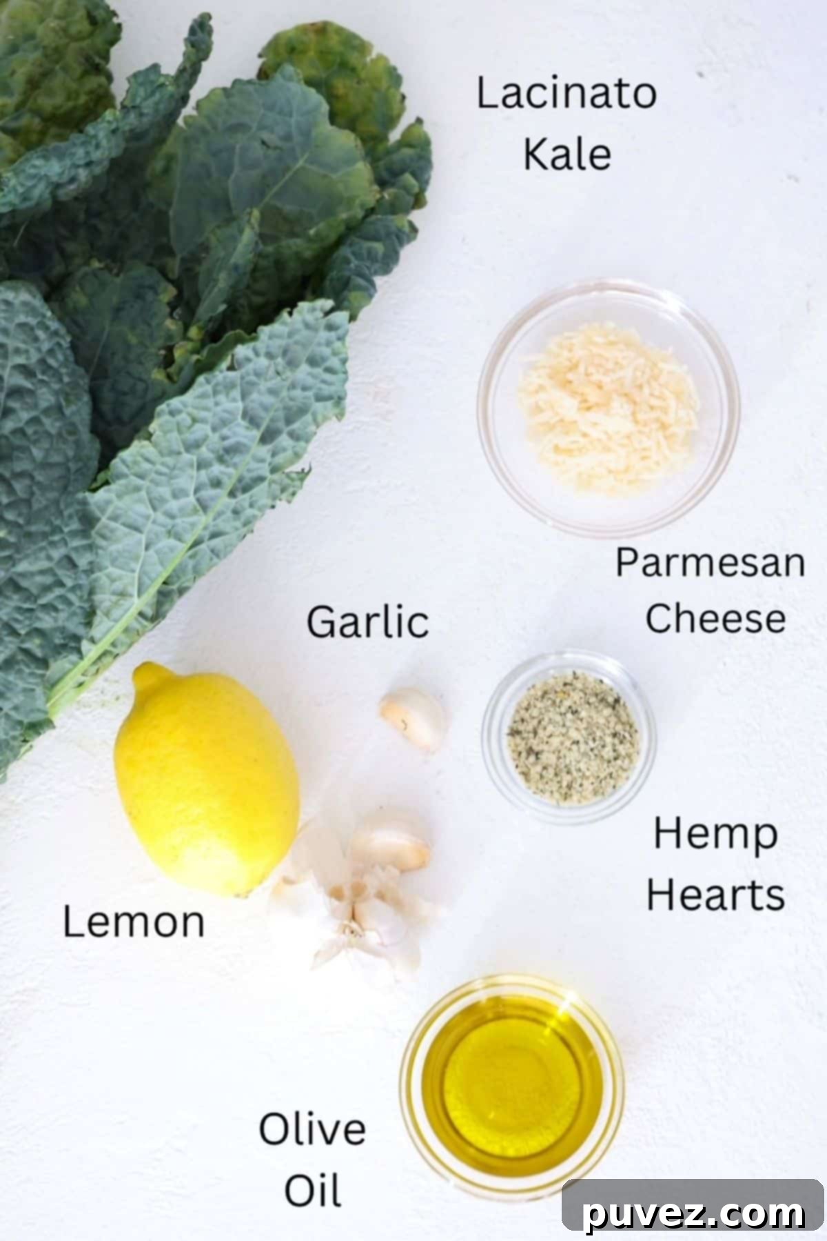 Ingredients for making a Tuscan Kale Salad, labeled.