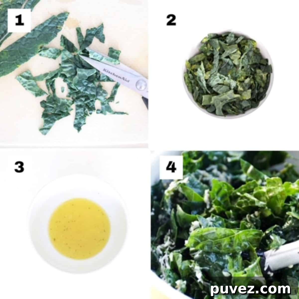 Four numbered images showing how to make a Tuscan Kale Salad.