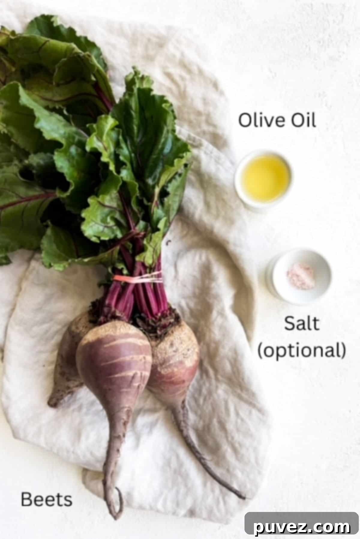 One bunch of beets, olive oil, and salt. All three ingredients are labeled.