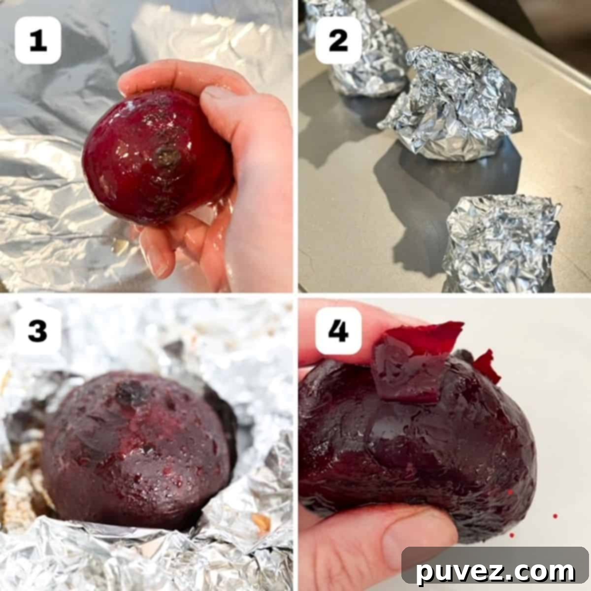 Four numbered images showing how to make roasted beets in foil.