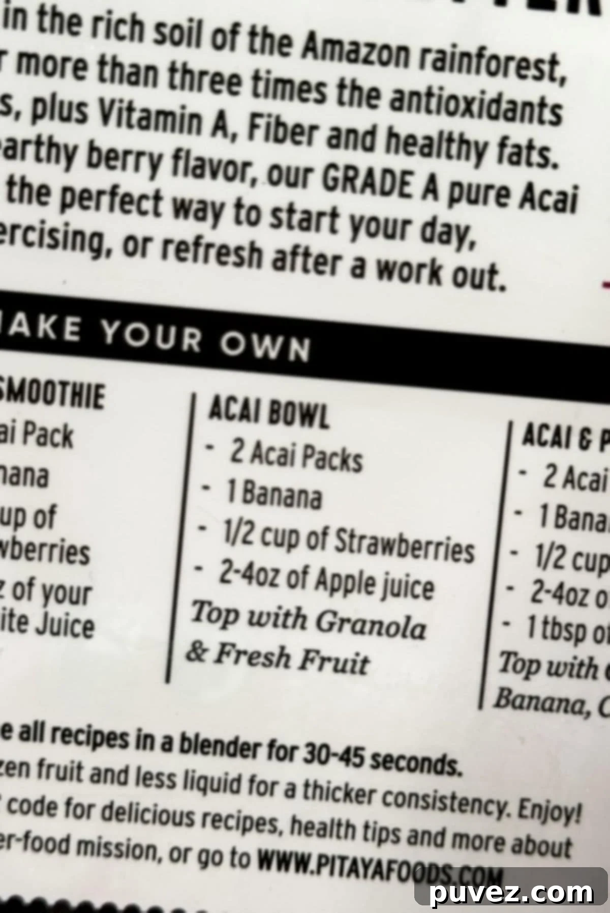 Recipe for an acai bowl on a package, illustrating a base primarily made of fruit and fruit juice.