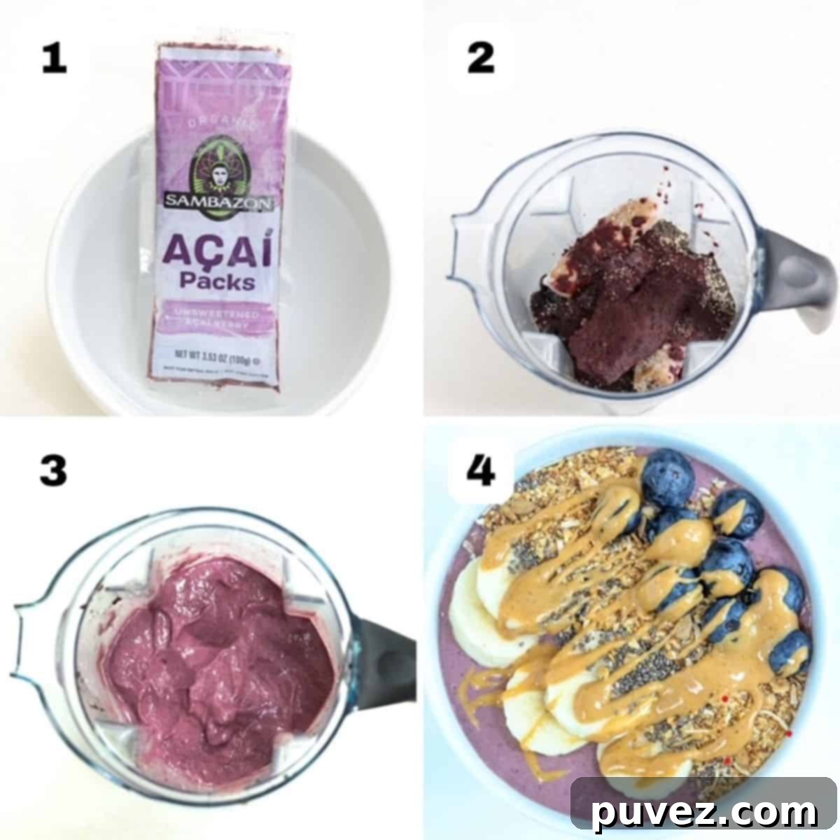 Four numbered images showing the step-by-step process of making an acai bowl, from adding ingredients to blending and serving.
