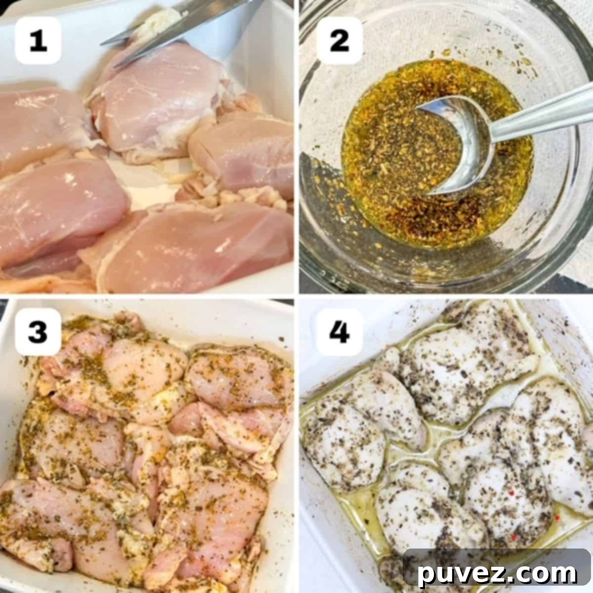 A collage of four numbered images demonstrating the step-by-step process of making Baked Italian Chicken: 1) Whisking marinade, 2) Placing chicken in dish, 3) Pouring marinade over chicken, 4) Baked chicken ready to serve.